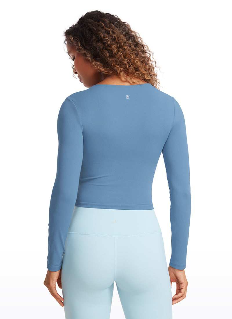 CRZ YOGA Women's Slim Fit Yoga Butterluxe Crop Long Sleeves Front Seam Universe Blue