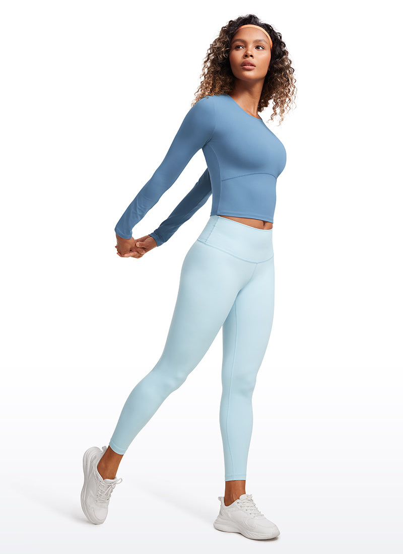 CRZ YOGA Women's Slim Fit Yoga Butterluxe Crop Long Sleeves Front Seam Universe Blue