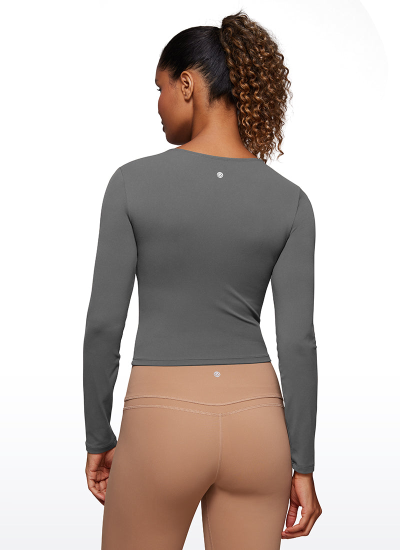 CRZ YOGA Women's Slim Fit Yoga Butterluxe Crop Long Sleeves Front Seam Lava Smoke Grey