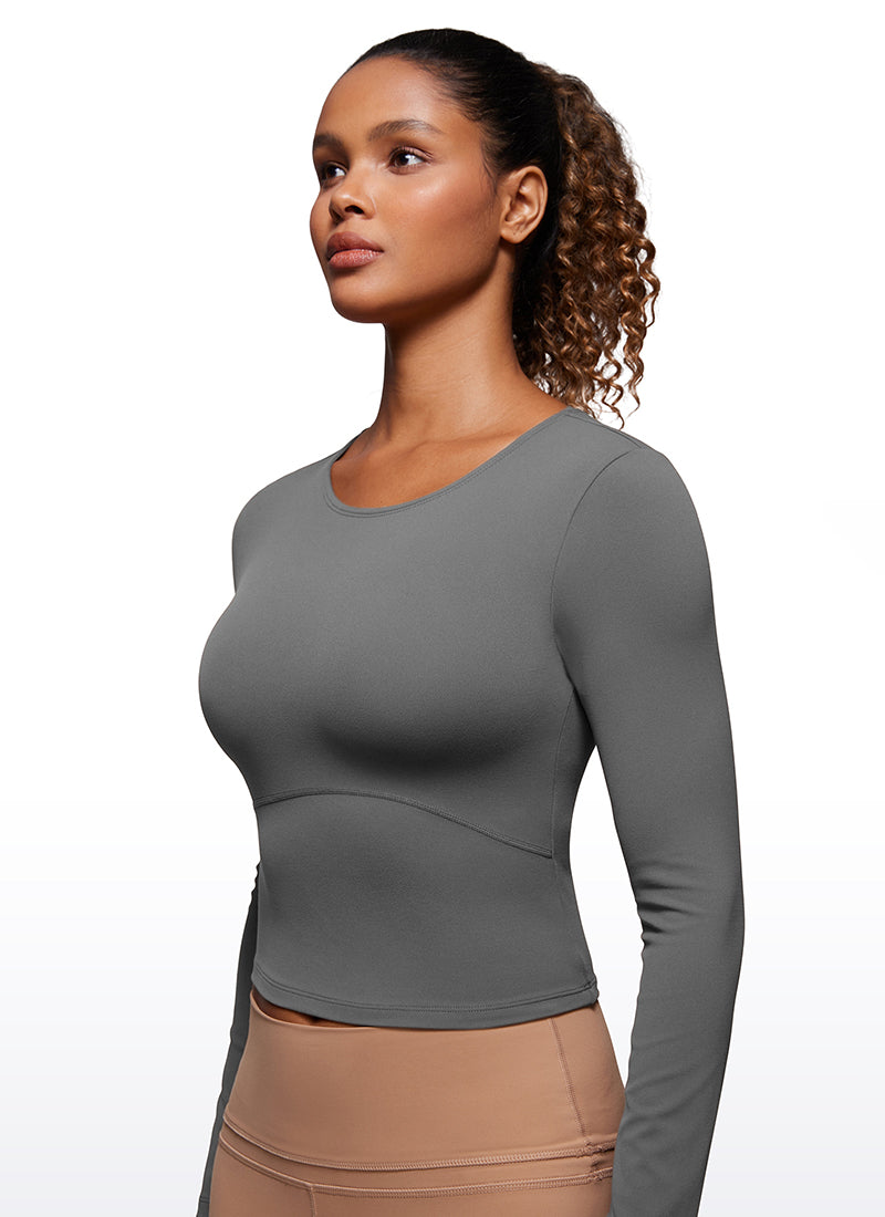 CRZ YOGA Women's Slim Fit Yoga Butterluxe Crop Long Sleeves Front Seam Lava Smoke Grey