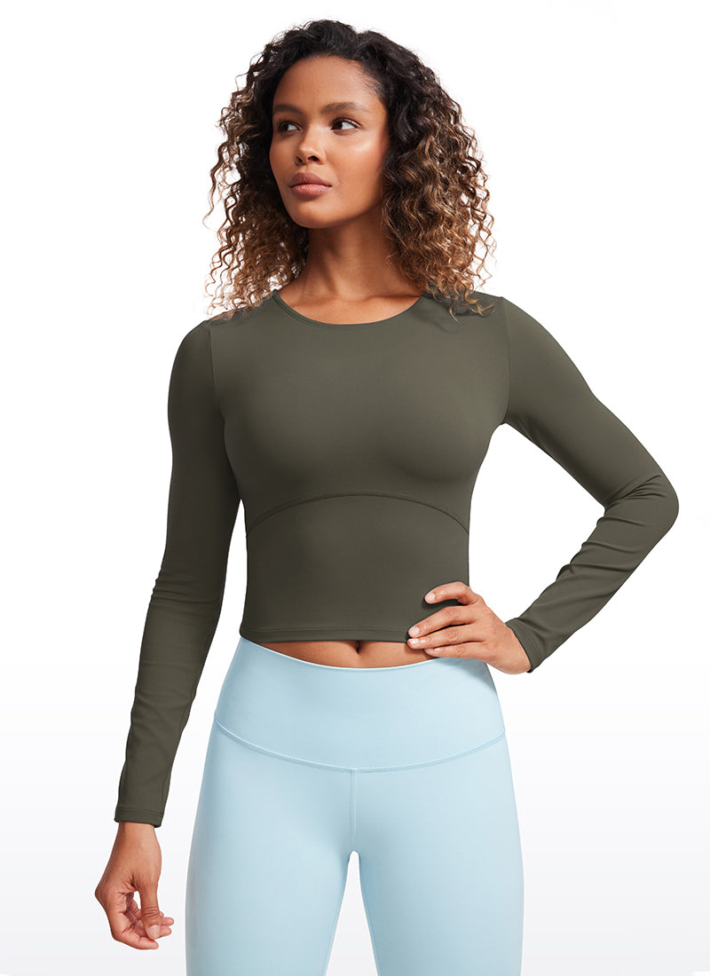CRZ YOGA Women's Slim Fit Yoga Butterluxe Crop Long Sleeves Front Seam Light Army Green