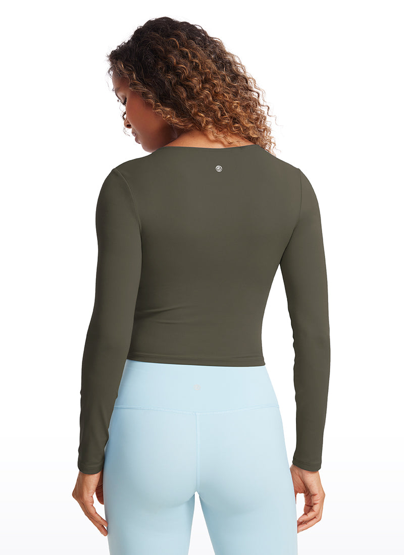 CRZ YOGA Women's Slim Fit Yoga Butterluxe Crop Long Sleeves Front Seam Light Army Green