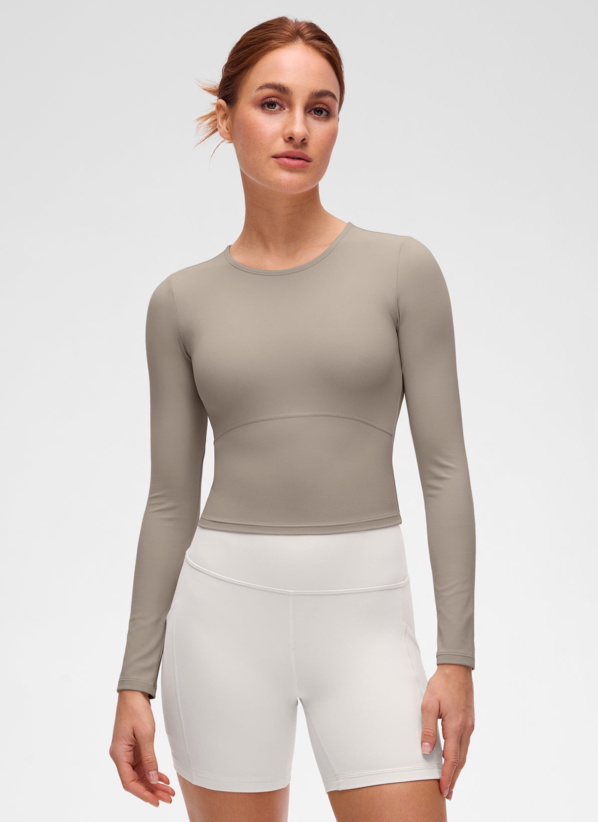 CRZ YOGA Women's Slim Fit Yoga Butterluxe Crop Long Sleeves Front Seam Warm Ash Grey