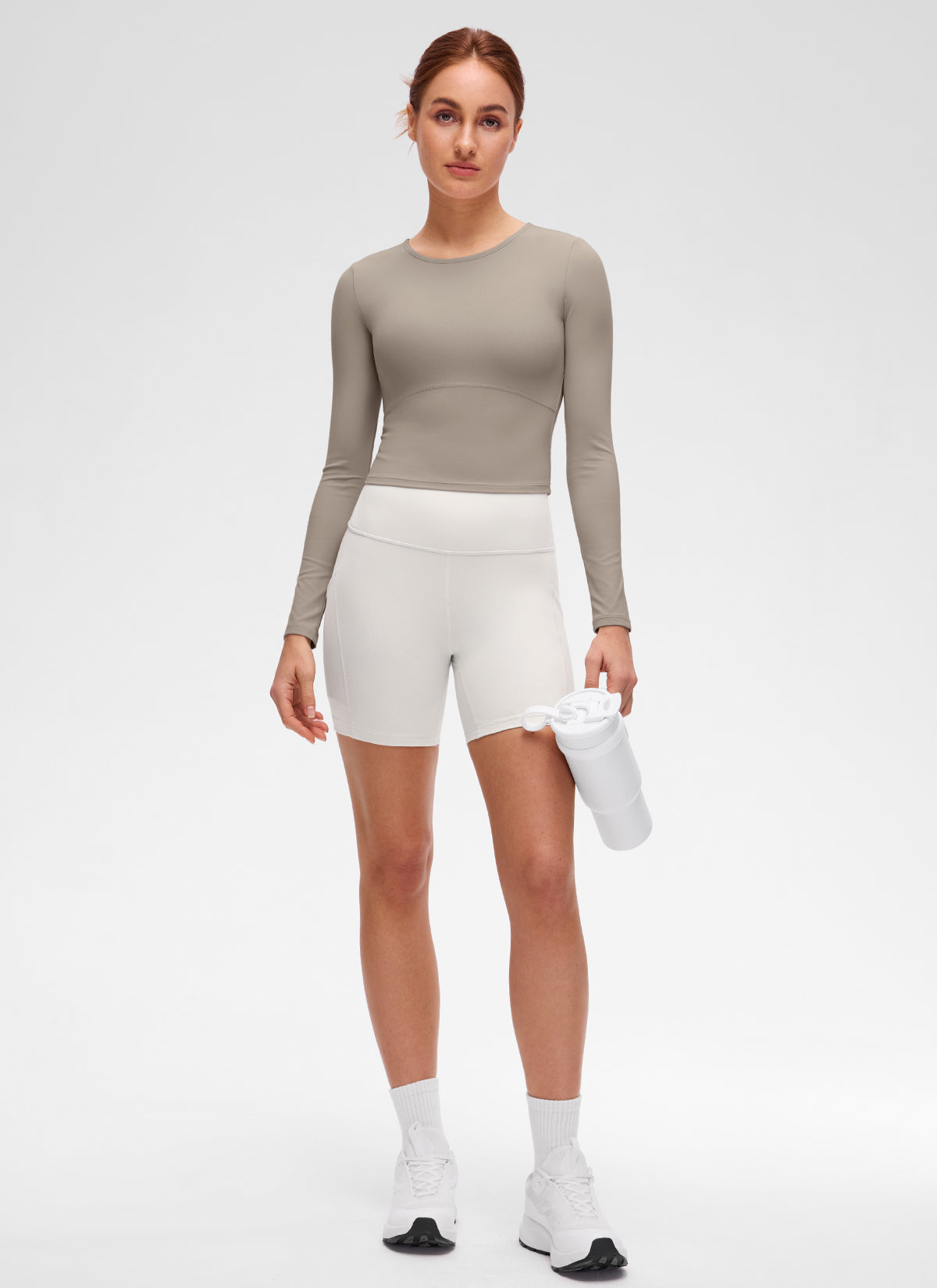 CRZ YOGA Women's Slim Fit Yoga Butterluxe Crop Long Sleeves Front Seam Warm Ash Grey