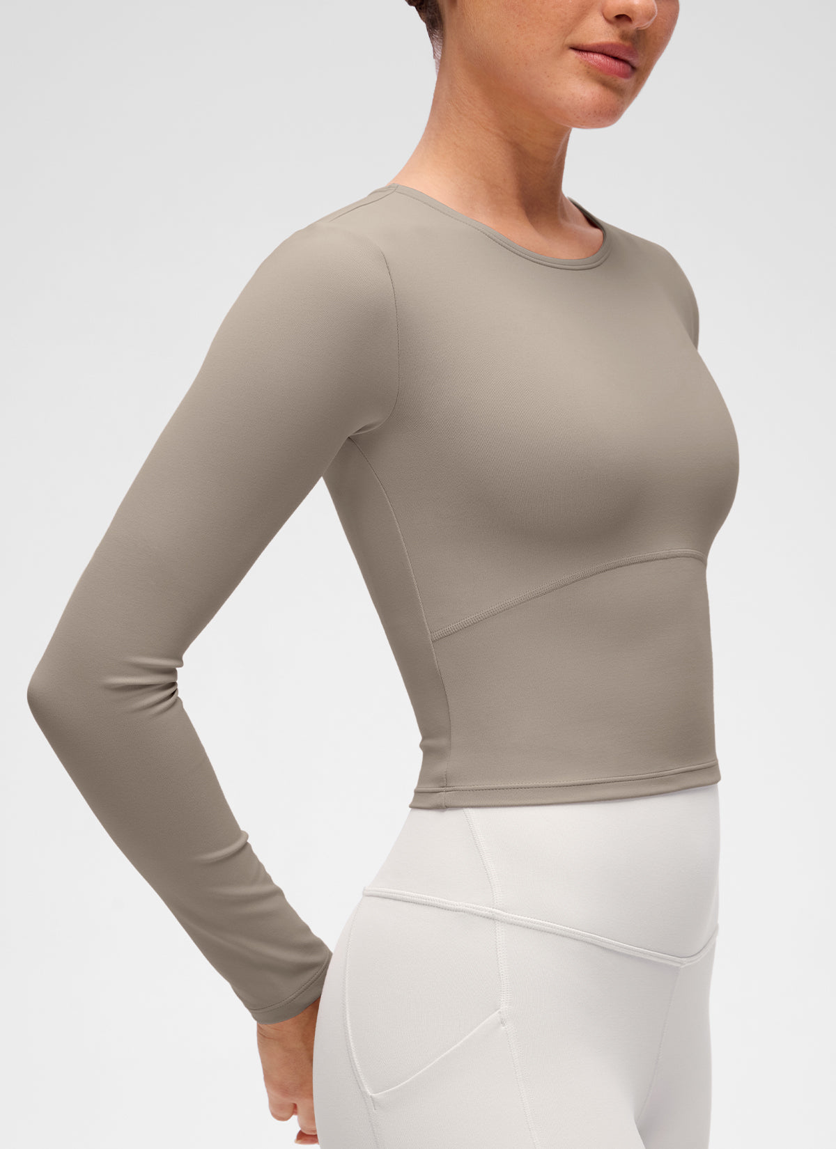 CRZ YOGA Women's Slim Fit Yoga Butterluxe Crop Long Sleeves Front Seam Warm Ash Grey