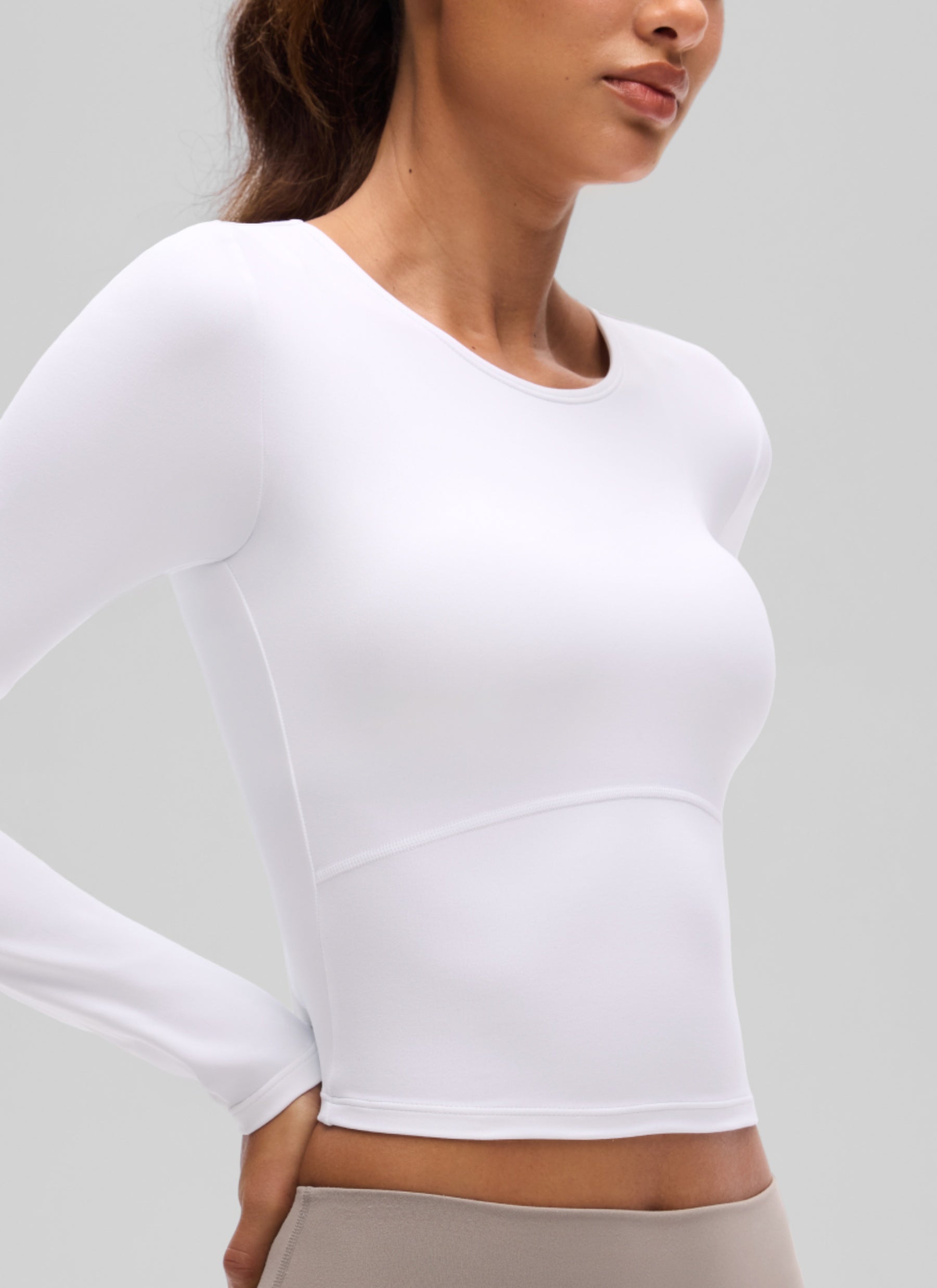 CRZ YOGA Women's Slim Fit Yoga Butterluxe Crop Long Sleeves Front Seam White @model_info:J