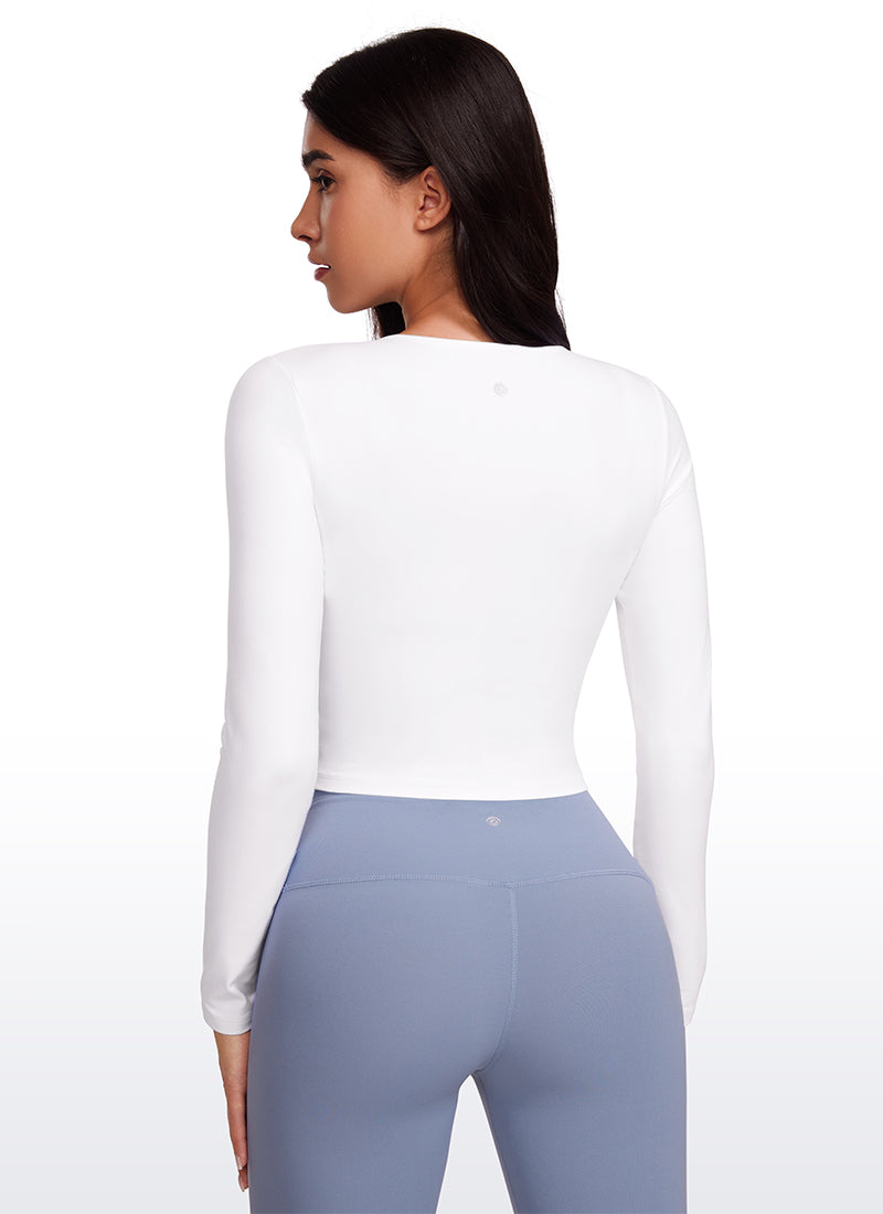 CRZ YOGA Women's Slim Fit Yoga Butterluxe Crop Long Sleeves Front Seam White