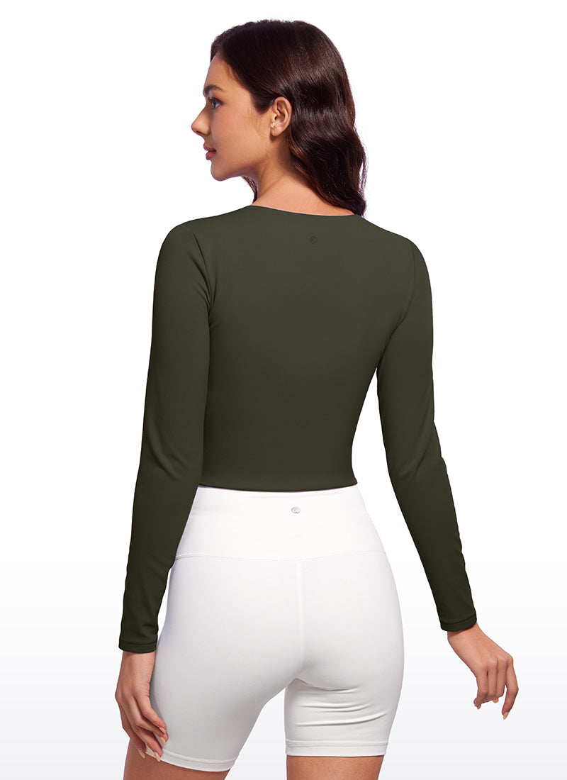 CRZ YOGA Women's Yoga Casual Tight Fit Butterluxe Cropped Long Sleeves Olive Green