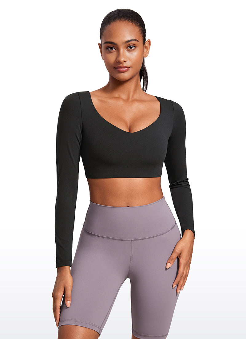 CRZ YOGA Women's Butterluxe Double Lined Long Sleeve V Neck Cropped Black @model_info:Lais