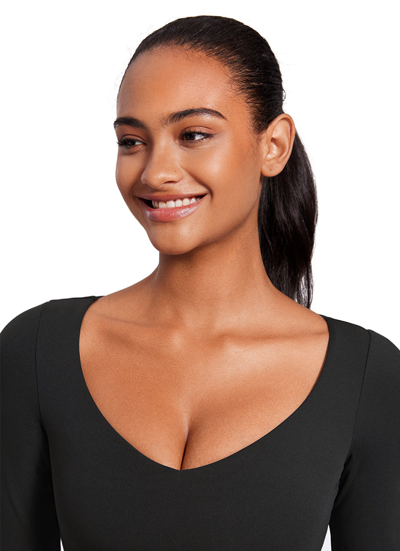 CRZ YOGA Women's Butterluxe Double Lined Long Sleeve V Neck Cropped Black @model_info:Lais