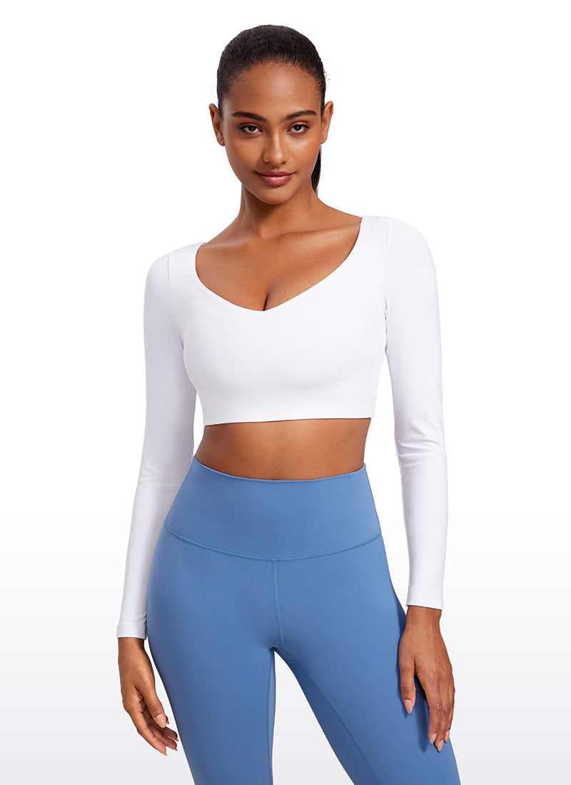 CRZ YOGA Women's Butterluxe Double Lined Long Sleeve V Neck Cropped White