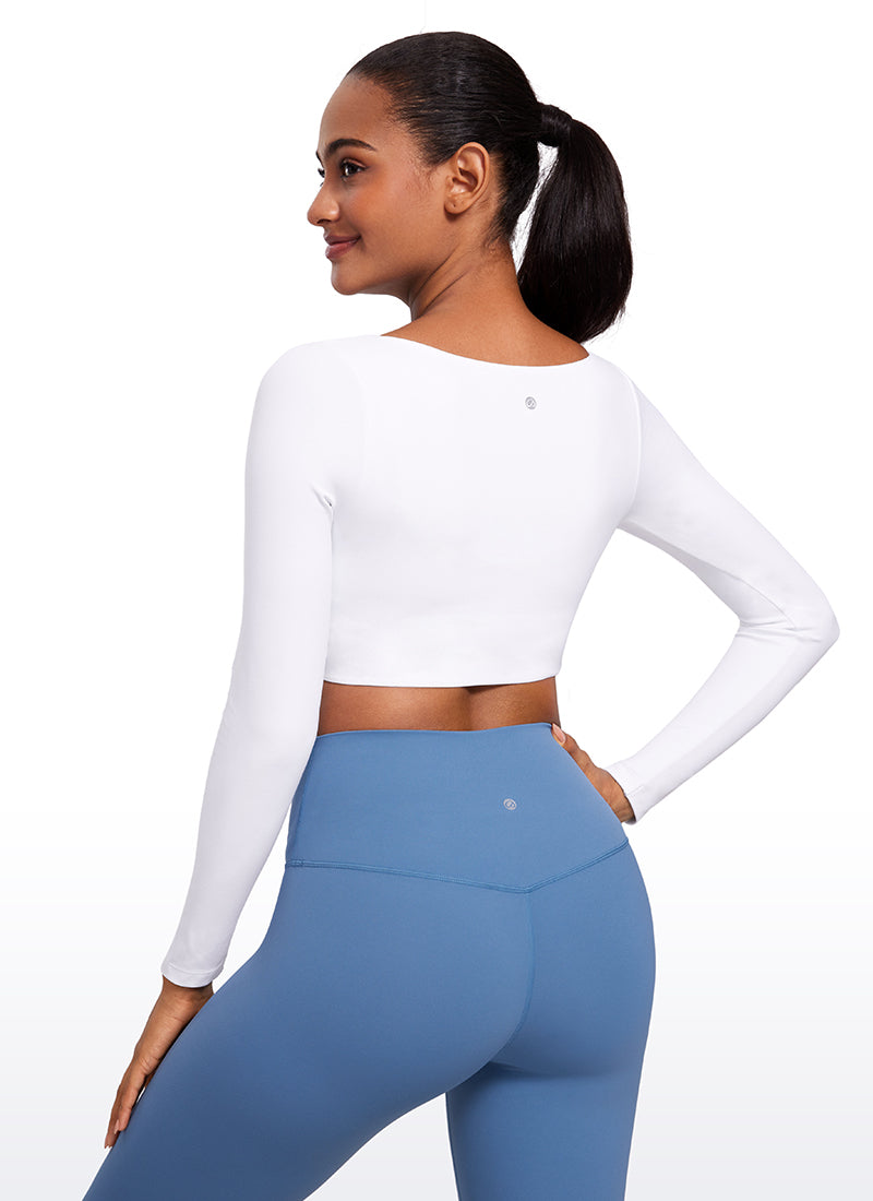 CRZ YOGA Women's Butterluxe Double Lined Long Sleeve V Neck Cropped White