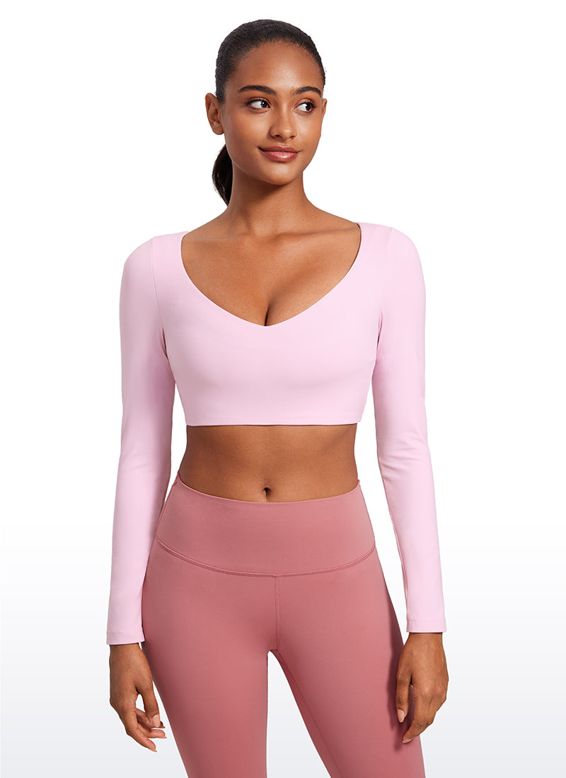 CRZ YOGA Women's Butterluxe Double Lined Long Sleeve V Neck Cropped Pink Peony
